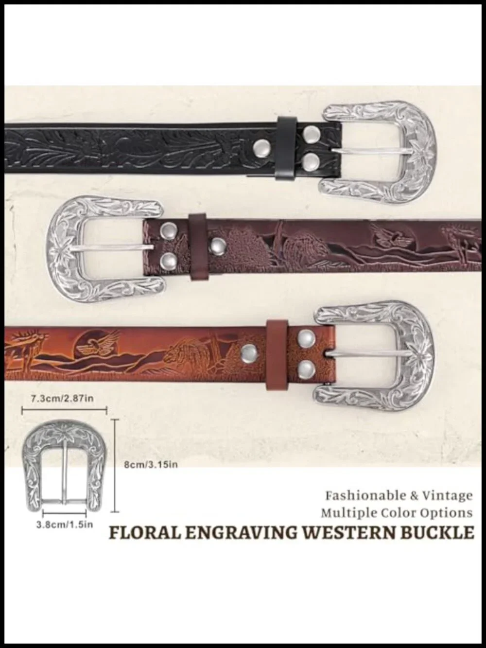 Western Leather Belt with Removable Silver Buckle - Men Women